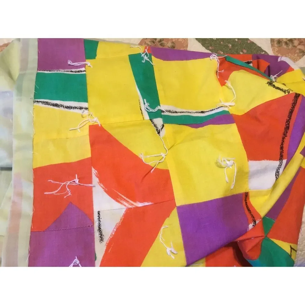 Vintage Hand Sewed Baby Patchwork Quilt‎ 70s White tacked Yellow Orange 60x39